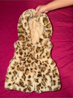 Kids Faux Fur Leopard Hooded Vest - Beige/Brown